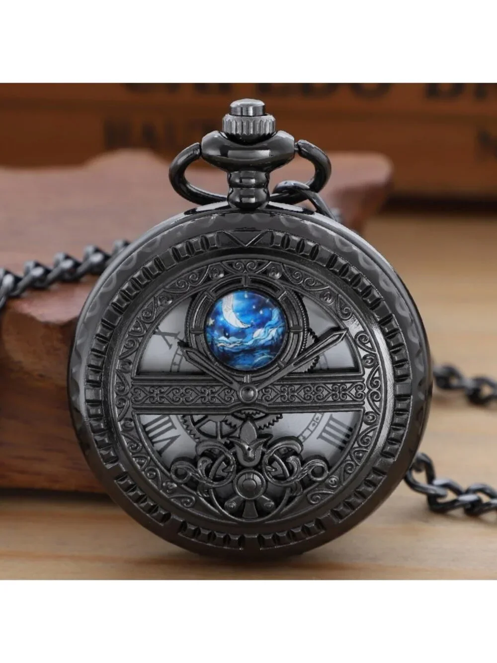Men's All Black Analog Quartz Arabic Numeral Moon Phase Chain Dial Pocket Watch